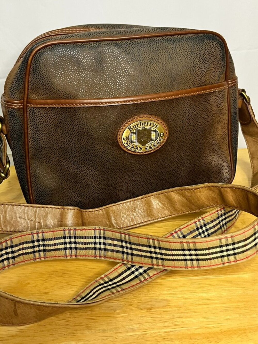 Vintage Burberrys Brown Pebbled Leather Camera Crossbody Bag with Embossed Logo